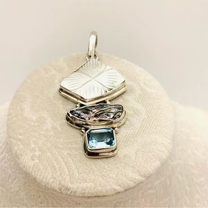 Blue Topaz Abalone Mother of Pearl 925 Sterling Silver Pendant 2.5” long